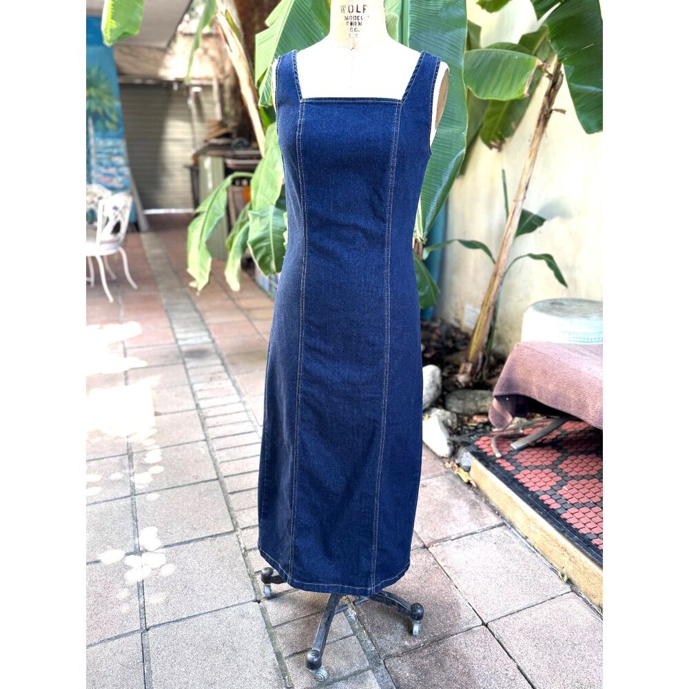 Habitual Cotton Blend Dark Indigo Square Neck Slvls Fitted Denim Midi Dress SZ S